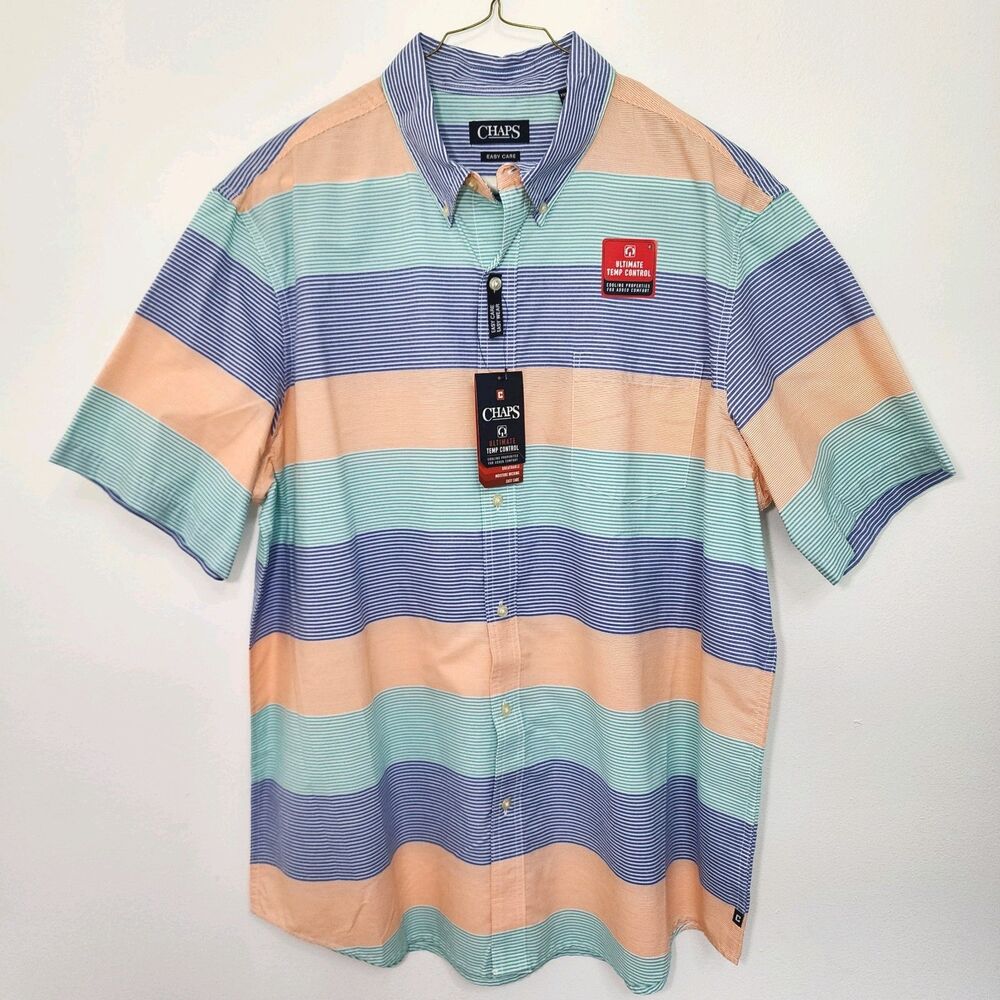 NWT Chaps Men's 2XL Short Sleeve Stretch Easy Care Multicolor Button Down Shirt
